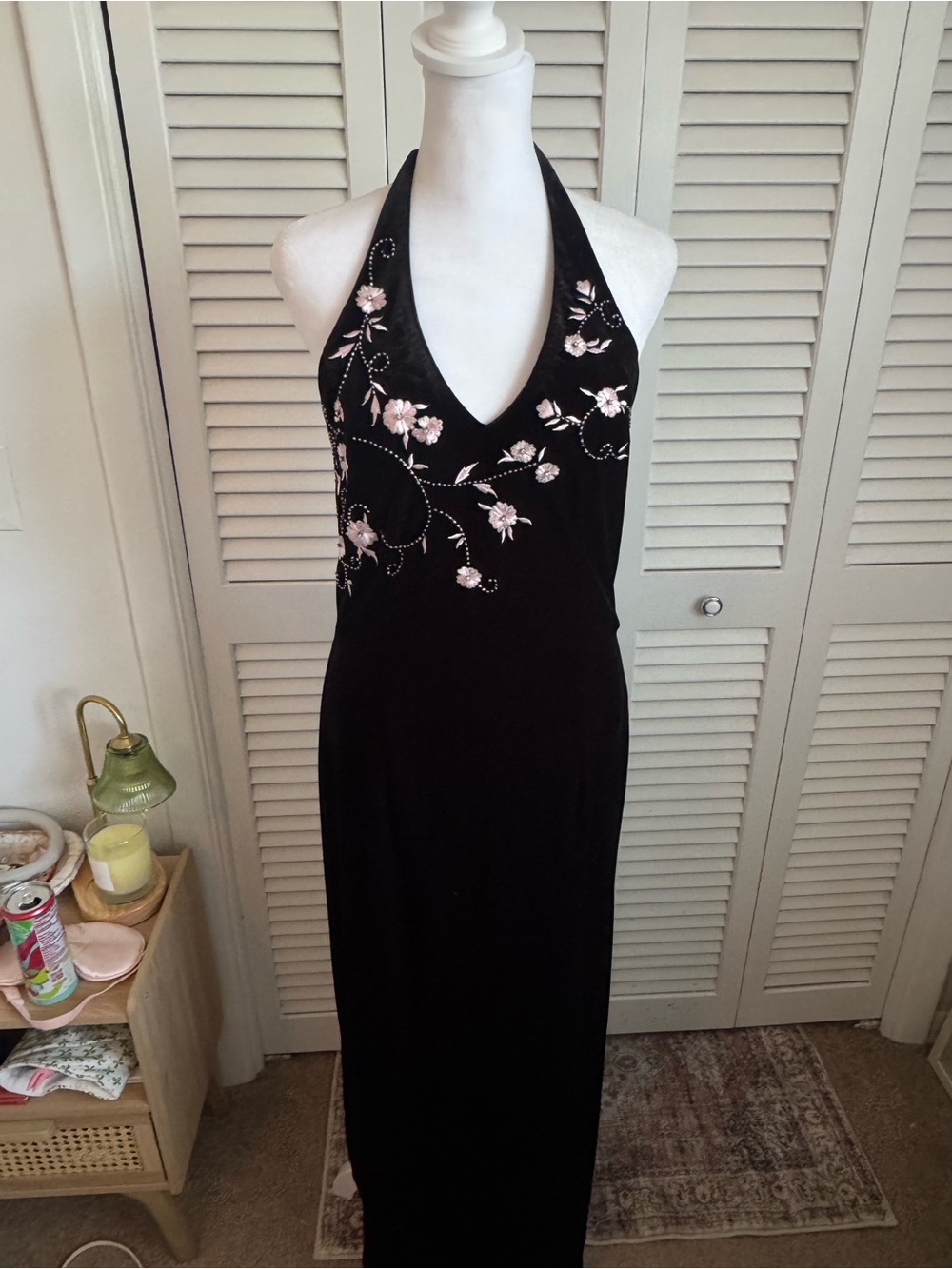 Vintage Betsy & Adam Black Velvet Halter Dress with Pink Floral Embroidery